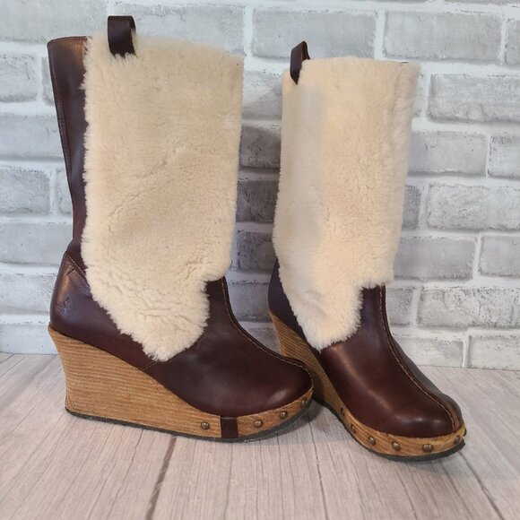 J Shoes Avid Boots Leather Fleece Wedge Brass Studs Womens 9.5